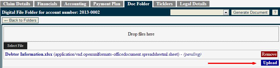 4. When the file has uploaded 100%, it is stored on the account for future reference. Click Back To folders. Any document related to a particular account can be added to the Doc Folder tab.