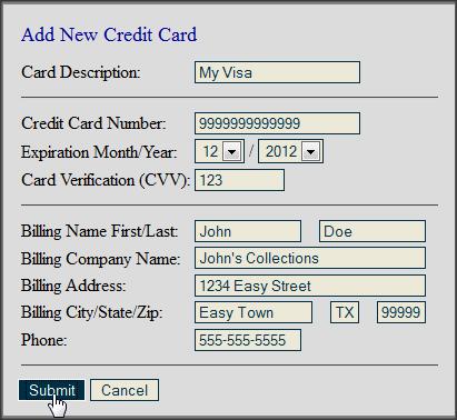 5. If the card validates successfully, it will appear in the drop down list, and automatically be selected.