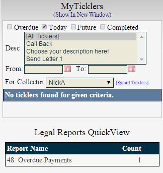 3. Under Legal Reports QuickView Selections, if you click the drop down list and select a legal report, then click Add.