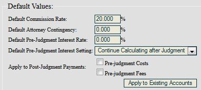f. Client Comm. If this box is checked, the Agency fee will default to the amount listed below in the Default Values Default Commission Rate box. 7. Account Number Settings: a.