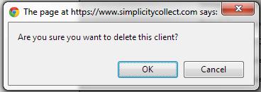 4. A box will pop up asking you to confirm you want to delete the client. Click OK. Up to 100 Client names will be shown in the left-hand list at a time.