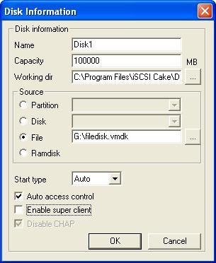 ADD ISCSI DISK Add an iscsi disk by clicking "New disk" button and the disk property dialog will show up. 1. Name: Disk name. 2. Capacity: Source disk capacity. 3.