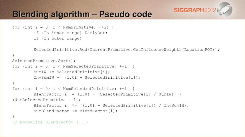 #Pseudo code of the algorithm The algorithm starts by gathering all the primitives intersecting the POI position. For each primitive it calculates the volume influence weight.