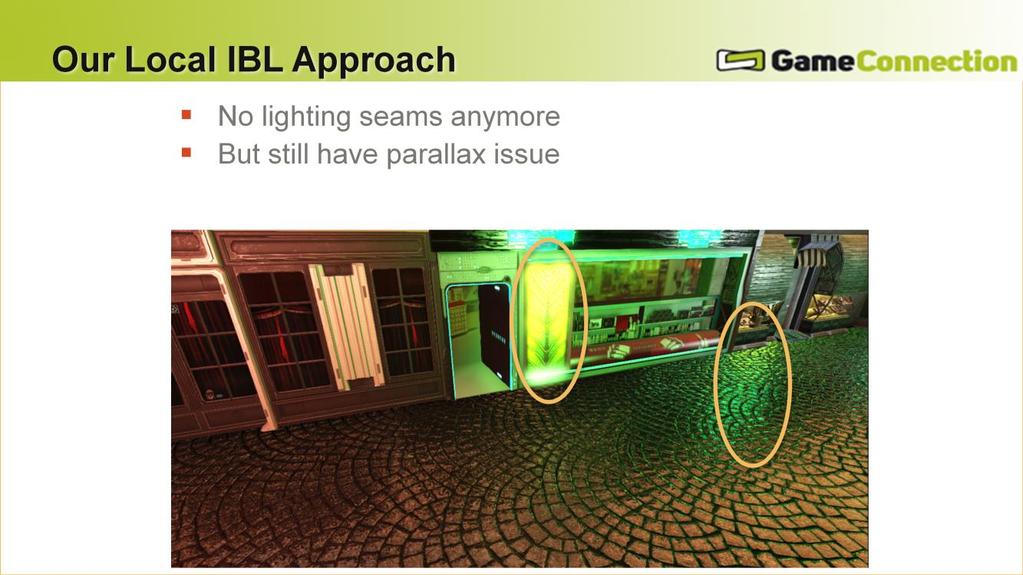 #This slide shows one screenshot to illustrate the lighting seams correction. So, our new local approach we describe allow to fix the two main issues of previous IBL techniques.