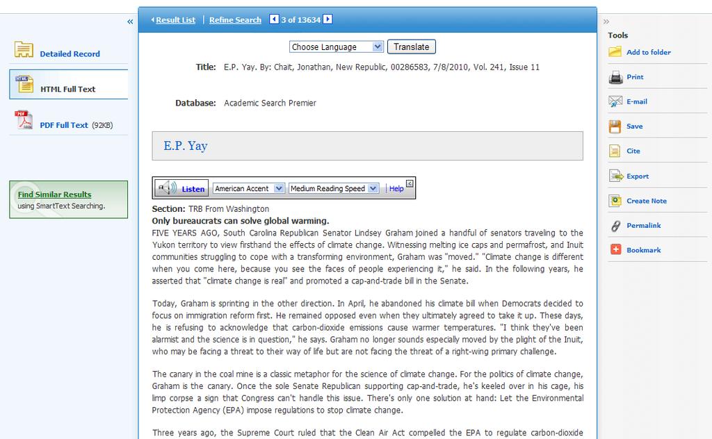 HTML Full Text View When the HTML full text view is displayed, you can also return to the Detailed Record, or any PDF or linked text by clicking on the available icons.
