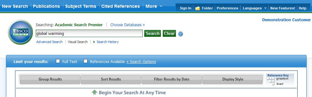 Visual Search Visual Search is a new and innovative way to search EBSCOhost. Your results are sorted by topic in an interactive, visual map.