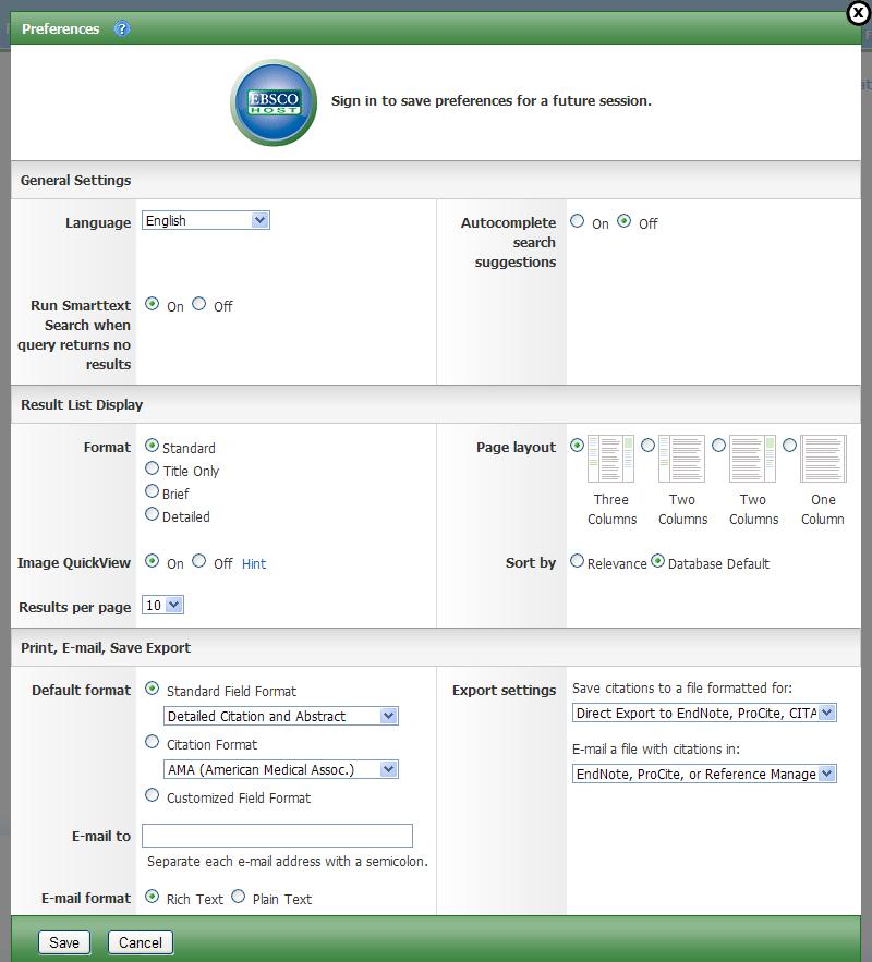 Preferences Setting Preferences allows you to control the look and feel of the EBSCOhost 2.0 Result List.