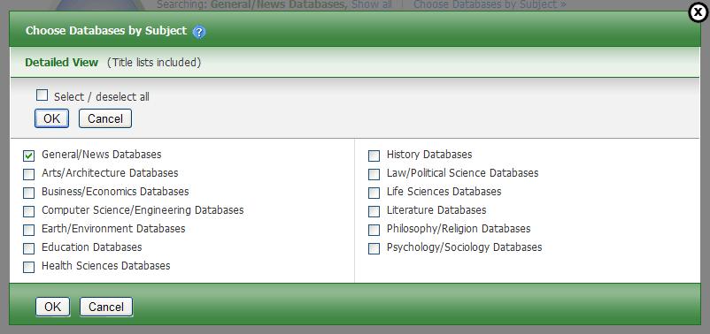 Selecting Databases by Subject Area If your library groups your databases by subject area, the two most recently selected database groups are listed above the Find field.