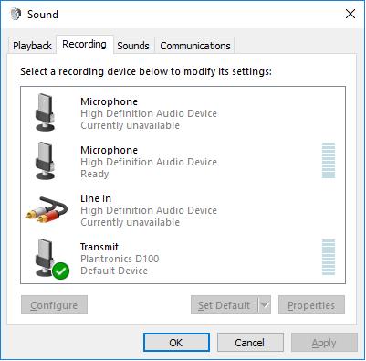 Verify that the Plantronics USB adapter has been detected by Windows 10 and that it has been set as
