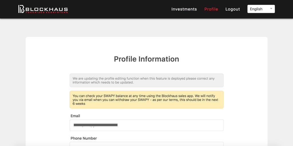 5.b. Step 2 - Managing your profile After logging in the contribution section, you will see your profile details. The most important information in this screen is the address of your Ethereum wallet.