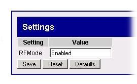 Settings The Settings page allows the user to monitor the RF Mode.