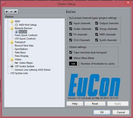 Steinberg Nuendo and Cubase EuCon Device The EuCon Device dialog lets you edit track assignment and transport control parameters in Nuendo and Cubase.