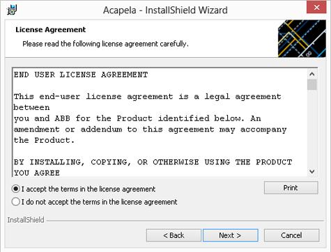 Install Acapela Software Appendix A Manual Installation 2. Read and accept the License Agreement, and then click Next. Figure 36.
