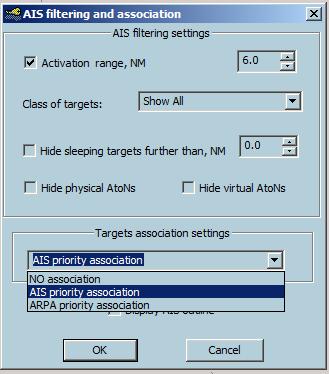 3 options are available: No association AIS priority association ARPA priority association. It is possible to change the selected option at any time, but only operating in the Monitoring station mode.