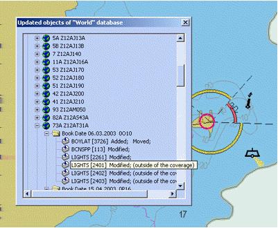 The selected update is highlighted with pink circle and color. ARCS By default, ECDIS displays charts in a chart-by-chart mode.