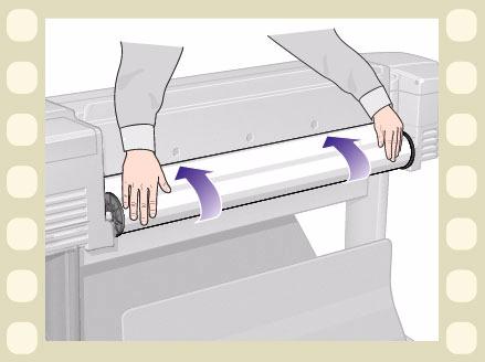 Media Choice Roll Media Sheet Media Ink System Ink Cartridges Printheads Loading Roll Media The animation sequence shows how to load a new roll of paper on the printer.