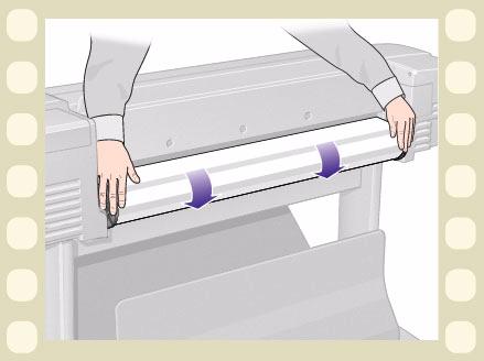 Media Choice Roll Media Sheet Media Ink System Ink Cartridges Printheads Unloading Roll Media The animation sequence shows how to unload a roll of paper from the printer.