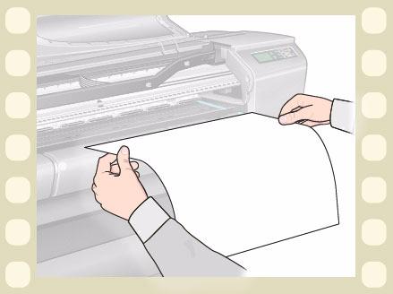 Media Choice Roll Media Sheet Media Ink System Ink Cartridges Printheads Loading Sheet Media The animation sequence shows how to load a new sheet of paper on the printer.
