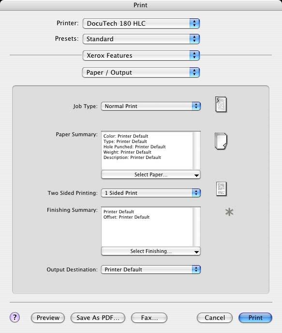 Custom Driver Features OS X printer driver features are contained in the Xerox Features pop-up menu.