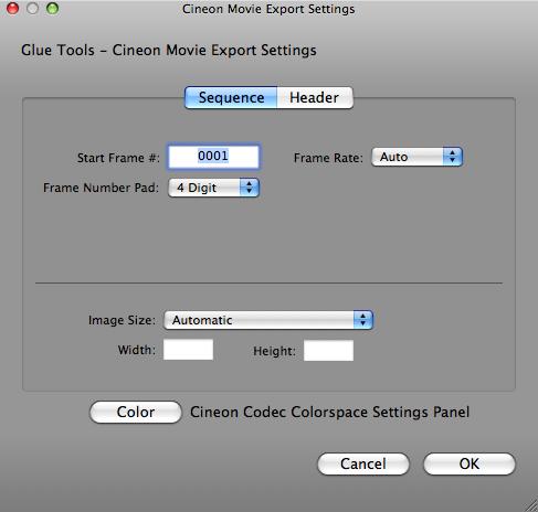 Cineon Export Panel Continuing with the example, above, open the source movie once again. Before saving, click on the Options button to open the Cineon Export Options Panel.