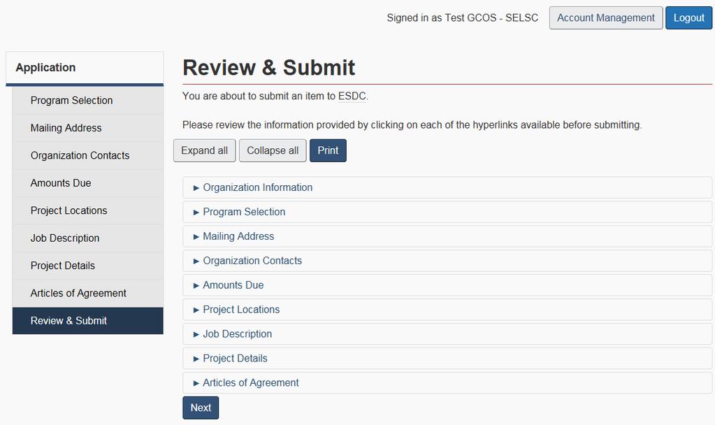 1.1.10 REVIEW & SUBMIT SCREEN The Review & Submit screen (Figure 10) is a full summary of all the information entered into the application. It allows you to review and, if necessary, edit information.