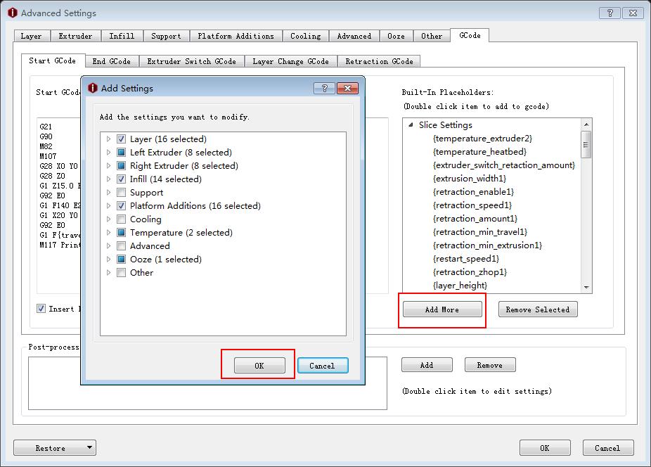 Figure 5.79: Adding more slice settings to placeholders. Post-process Command refers that the gcode can be delete or replace in batches. Add refer to inserting the gcode into the Post process command.