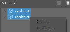 Delete refers to the model will be deleted via this button. Duplicate refers to the model will be copied via this button.