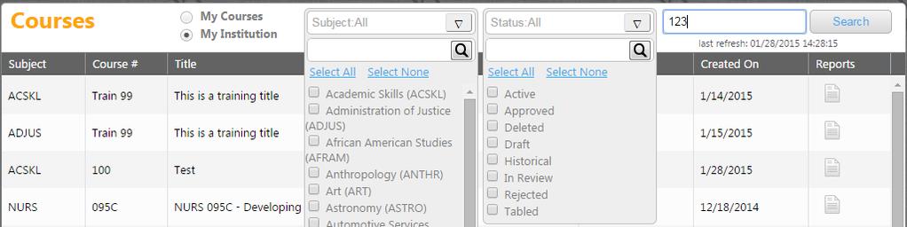 menus to select the course Subject(s) and Status(es).