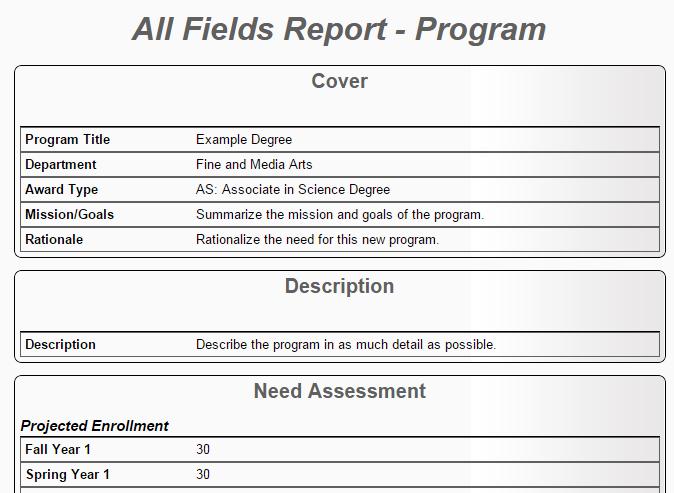 Program Proposal Reports To view reports, from any page in the proposal, click the page icon under the program title. Select the report you wish to view from the dropdown menu.