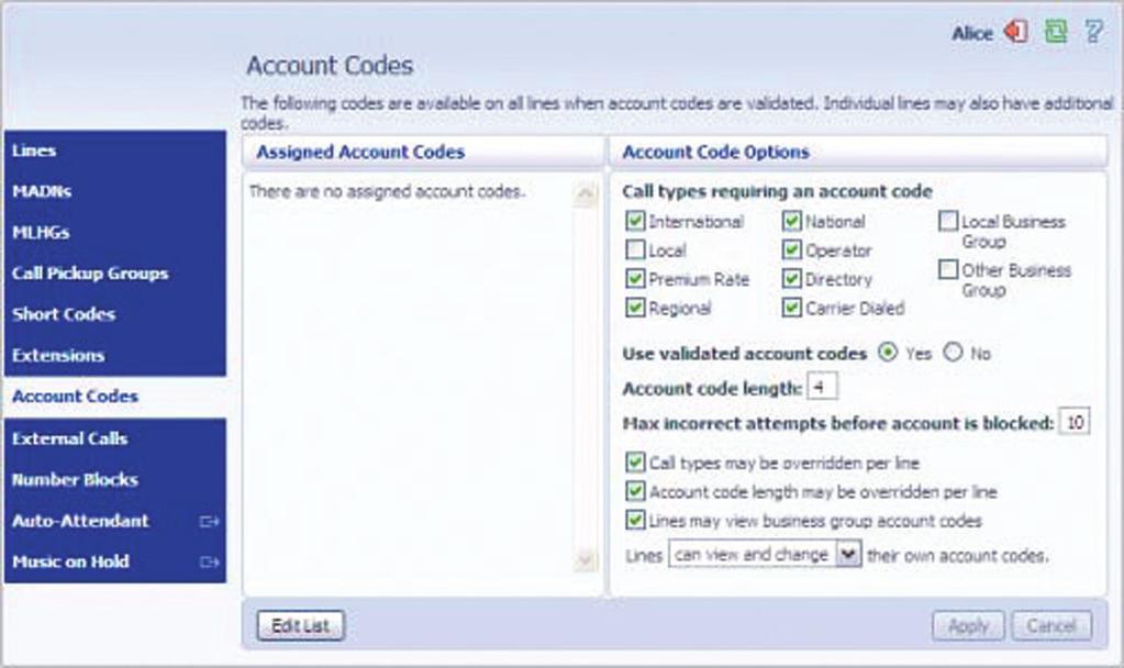 Lines Figure 44. CommPortal BG Admin Account Codes display Only the root BG Administrator for the whole Business Group can access the Account Codes page.
