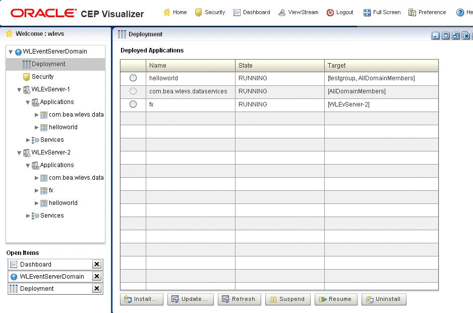Updating an Application Oracle CEP Visualizer deploys your application to all servers in the selected target group as Figure 5 5 shows.