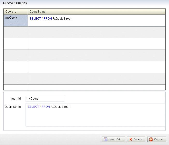 Using the Query Wizard Figure 6 7 All Saved Queries Dialog: Loading 12. Select your query and click Load CQL. The Oracle CQL statement is loaded to the canvas. 13.