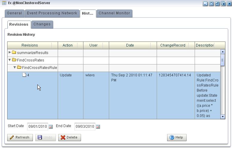 Managing Resource Configuration History Figure 8 1 History Tab 4. In the right pane, click the Revisions tab. The Revisions tab appears as Figure 8 2 shows. Figure 8 2 Revisions Tab 5.