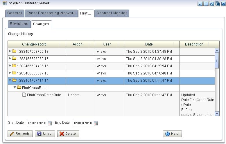 Managing Application Configuration History Figure 8 3 History Tab 4. In the right pane, click the Changes tab. The Changes tab appears as Figure 8 4 shows. Figure 8 4 Changes Tab 5.