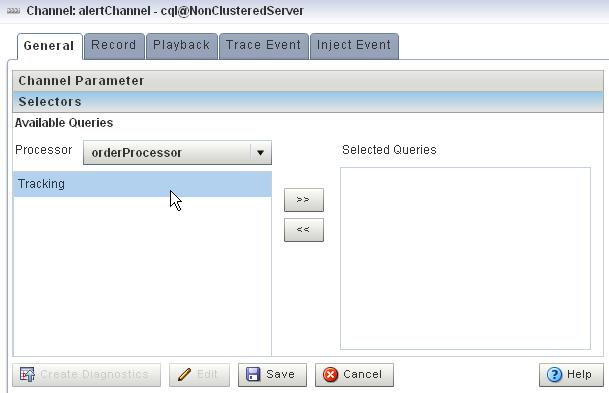 Viewing and Editing the Configuration of a Stage Figure 4 6 General Tab Selectors for Outbound Channel Stage The Selector tab is only applicable if the up-stream node is an Oracle CQL processor.