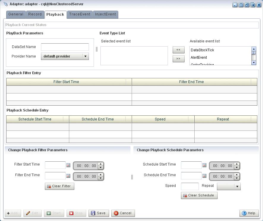 Recording and Playing Back Events in the EPN Figure 4 25 The Playback Tab The Playback tab in Oracle CEP Visualizer for a particular stage is divided into the following sections: Playback Current