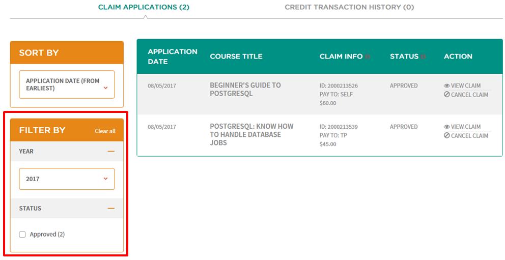 The page refreshes to display the list of Claim Applications that match your selected filter(s). Types of Claim Status: Pending claim is awaiting approval.
