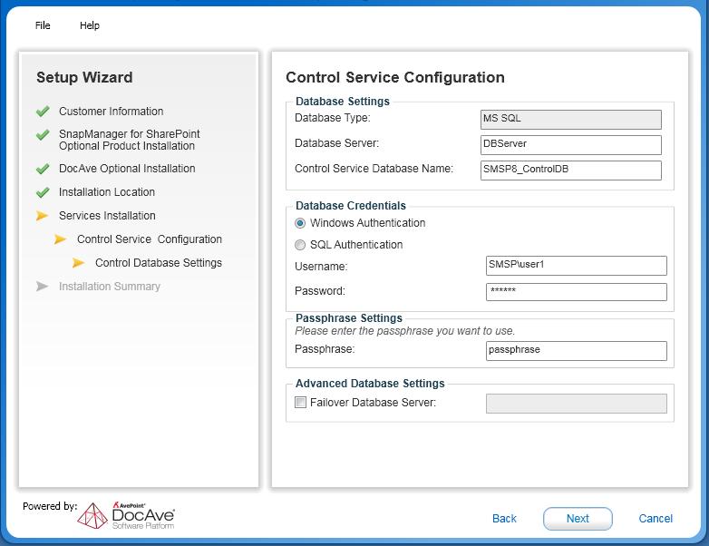 16. Configure a database for storing the relevant data of Control Service. Figure 14: Control service configuration page a.