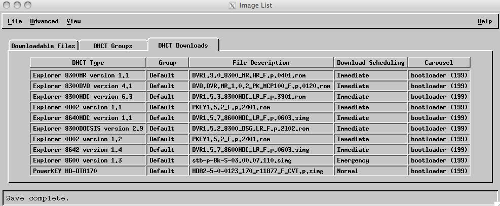 Associate DHCT Downloads to a Group Set up the download association for the group and the image. 1 From the Image List window, go to the DHCT Downloads tab. Then click File and select New.