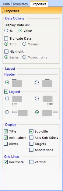 Left pane: Properties tab Data Options: Allows setting of data-specific controls.