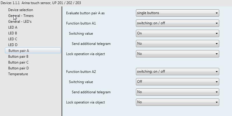 Button A1 ( for single buttons) Note In the following the parameter settings for single buttons are described. The settings for buttons A1, A2, B1, B2, C1, C2, D1 and D2 are identical.