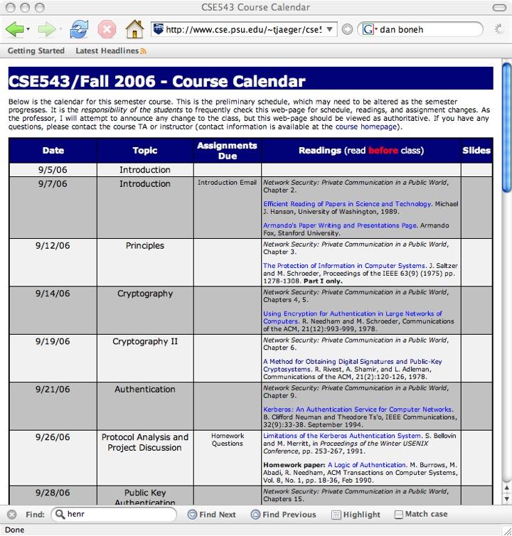Course Calendar The course calendar as all the relevant readings, assignments and test dates The calendar page contains electronic links to online papers assigned for course readings.