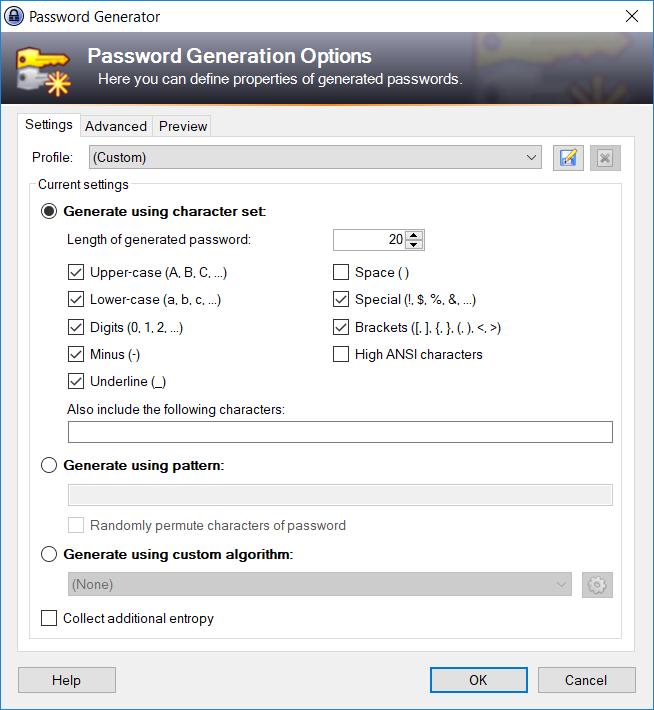 A note about the built-in password generator: the default options on the character sets being used should be changed to be as complex as possible.