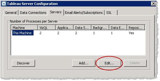 4. Highlight This Computer and click Edit: 5. The Edit Tableau Server dialog box is where you change the number of processes: 6.