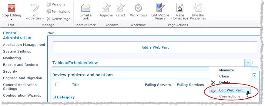 6. On the right side of the page, you can specify the attributes of the TableauEmbeddedView web part.