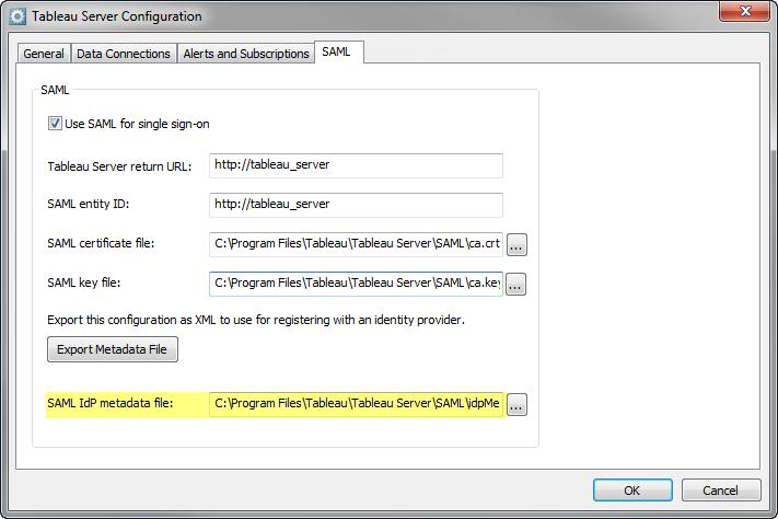 5. A dialog opens that allows you to save Tableau Server's SAML settings as an XML file. At this point, metadata from your IdP is not included. Save the XML file with the name of your choice. 6.