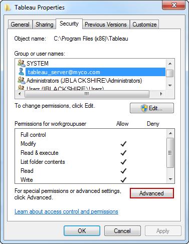 4. In the Advanced Security Settings for Tableau window, click Change Permissions. 5.