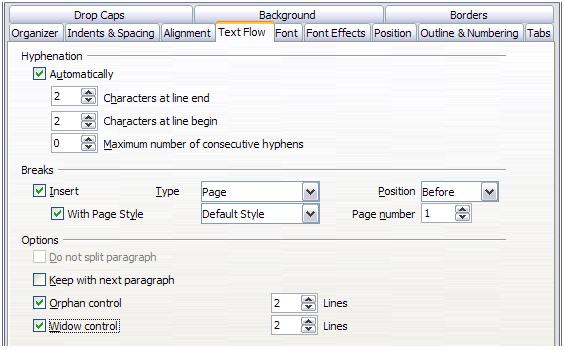 Characters at line begin: controls the minimum number of characters that can be placed at the beginning of a new line following a hyphen.