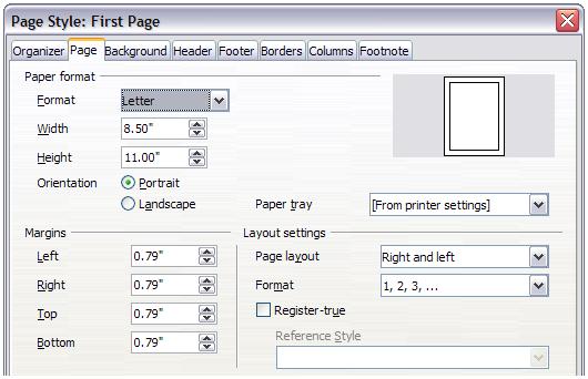 General settings for the page style The Page page of the Page Style dialog is where you can control the general settings of the page.
