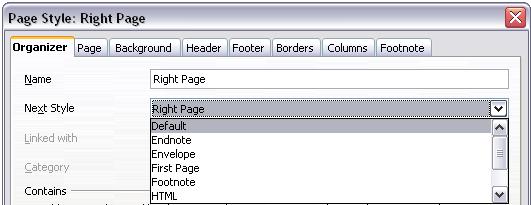 Figure 24: Specifying the next style after the first page of a chapter 4) On the Page tab, specify a larger left margin for binding,